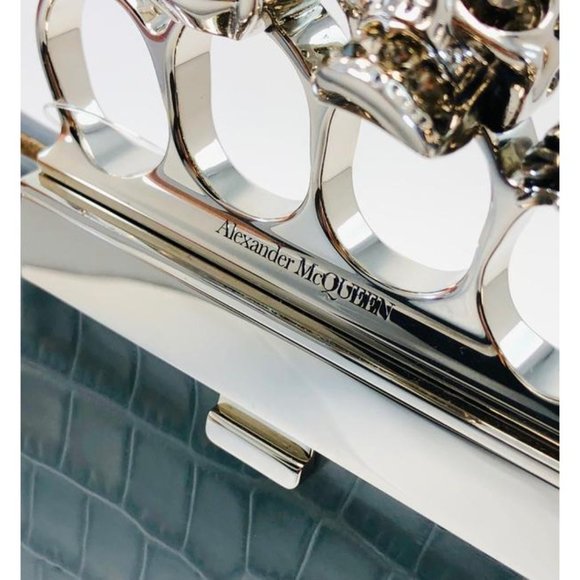 Alexander Mcqueen Skull Four Ring Croc Embossed Blue Leather Clutch - Picture 6 of 12